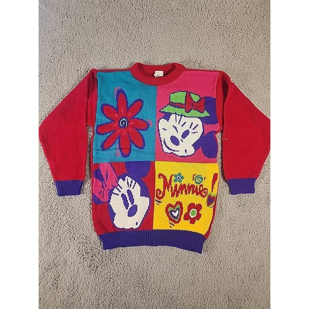 Vintage Mickey & Co Minnie Mouse Kids Sweater Colorblock Red Pink Medium 10/12